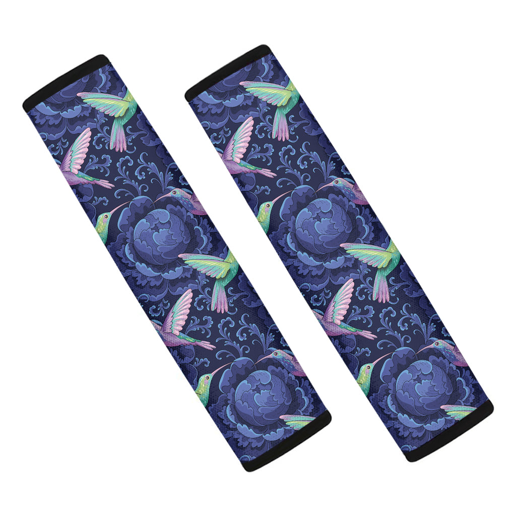 Dark Blue Floral Hummingbird Print Car Seat Belt Covers