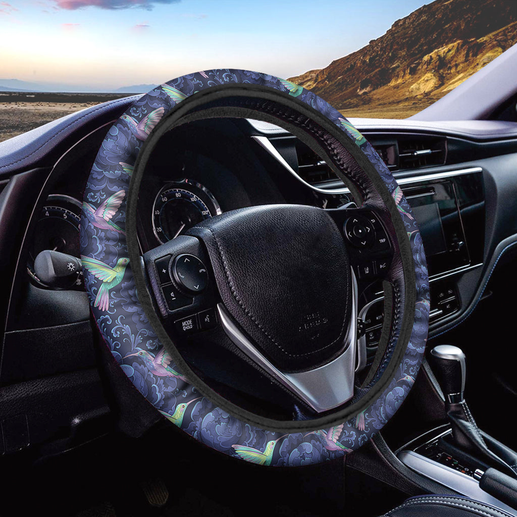 Dark Blue Floral Hummingbird Print Car Steering Wheel Cover