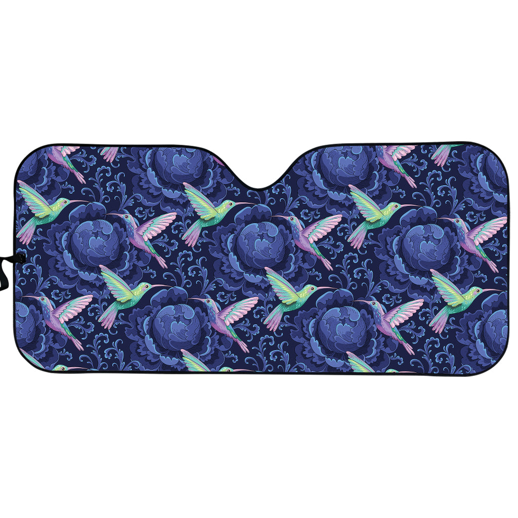 Dark Blue Floral Hummingbird Print Car Sun Shade