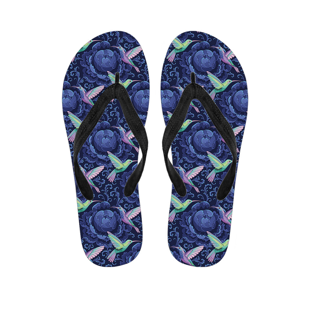 Dark Blue Floral Hummingbird Print Flip Flops