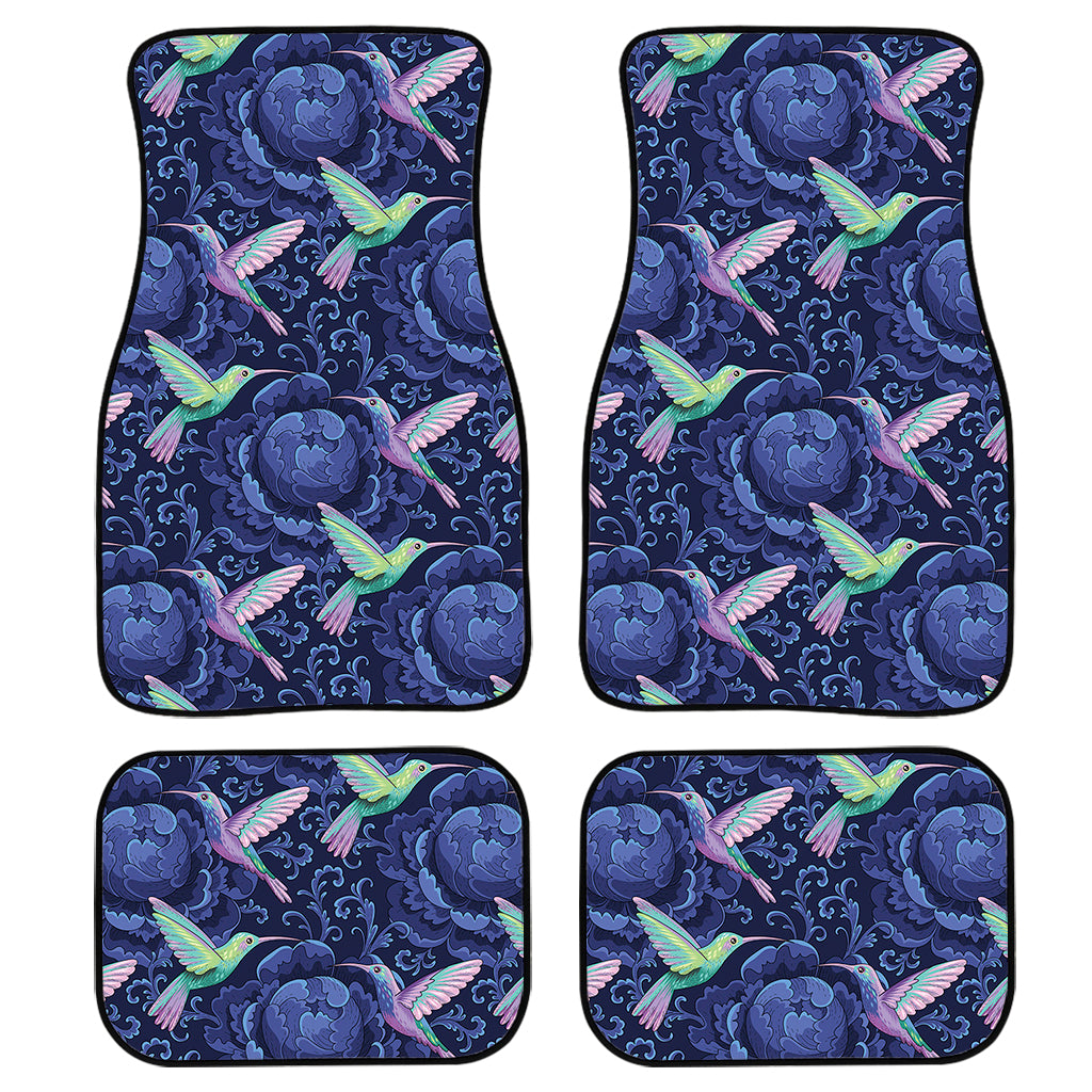 Dark Blue Floral Hummingbird Print Front and Back Car Floor Mats