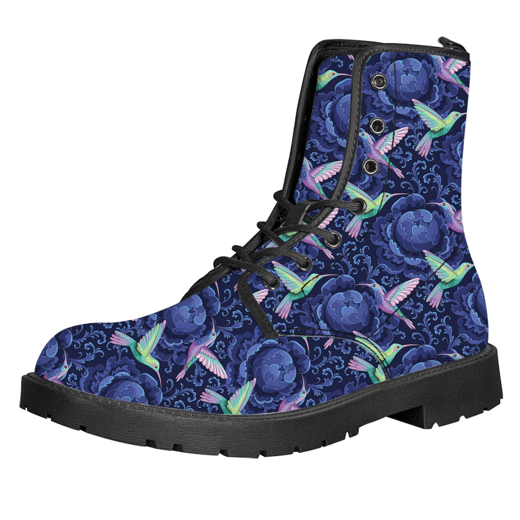 Dark Blue Floral Hummingbird Print Leather Boots