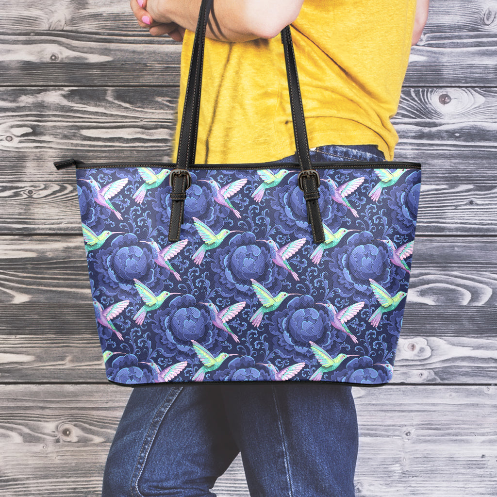 Dark Blue Floral Hummingbird Print Leather Tote Bag