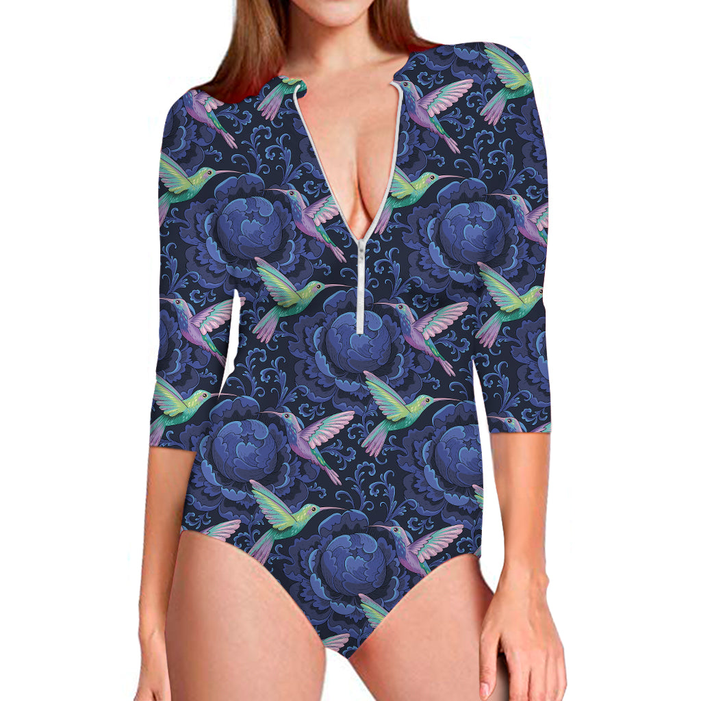 Dark Blue Floral Hummingbird Print Long Sleeve One Piece Swimsuit