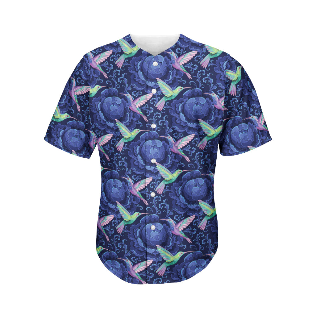 Dark Blue Floral Hummingbird Print Men's Baseball Jersey