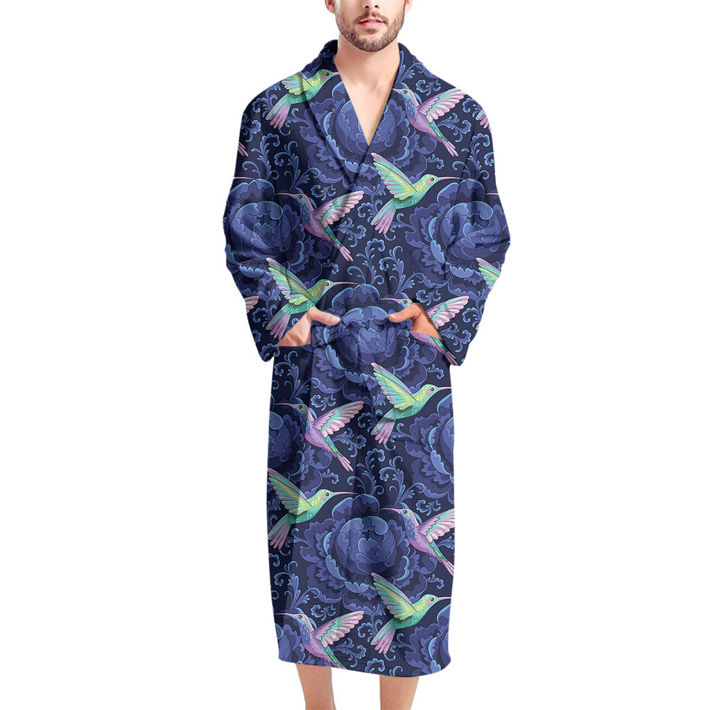 Dark Blue Floral Hummingbird Print Men's Bathrobe