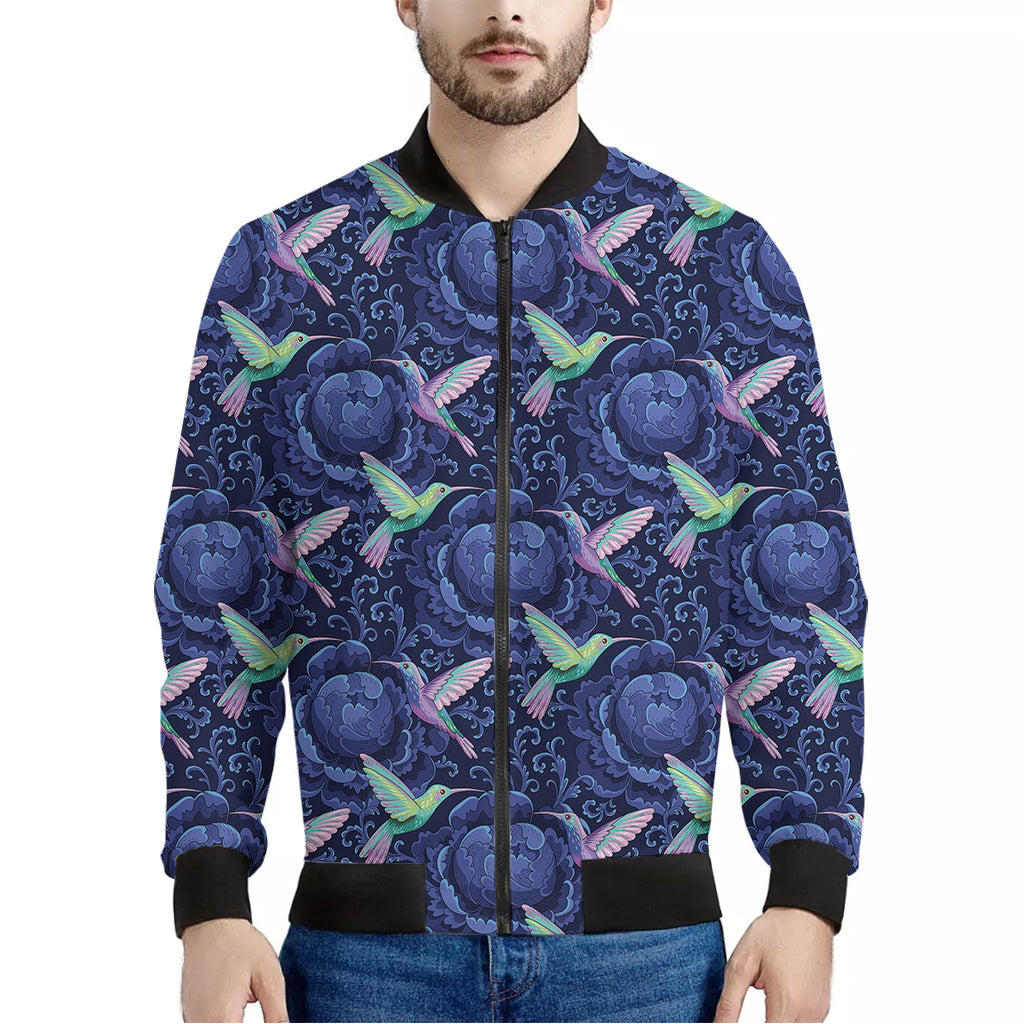 Dark Blue Floral Hummingbird Print Men's Bomber Jacket