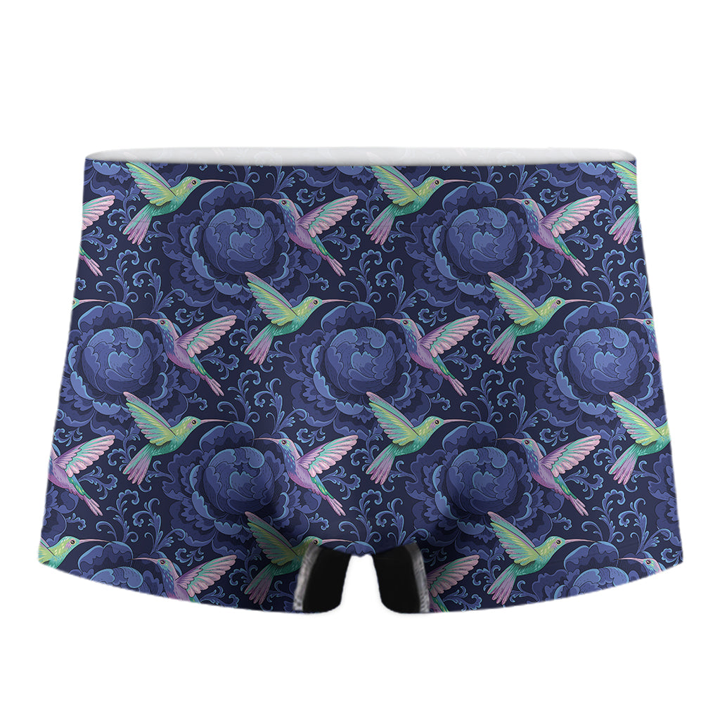 Dark Blue Floral Hummingbird Print Men's Boxer Briefs