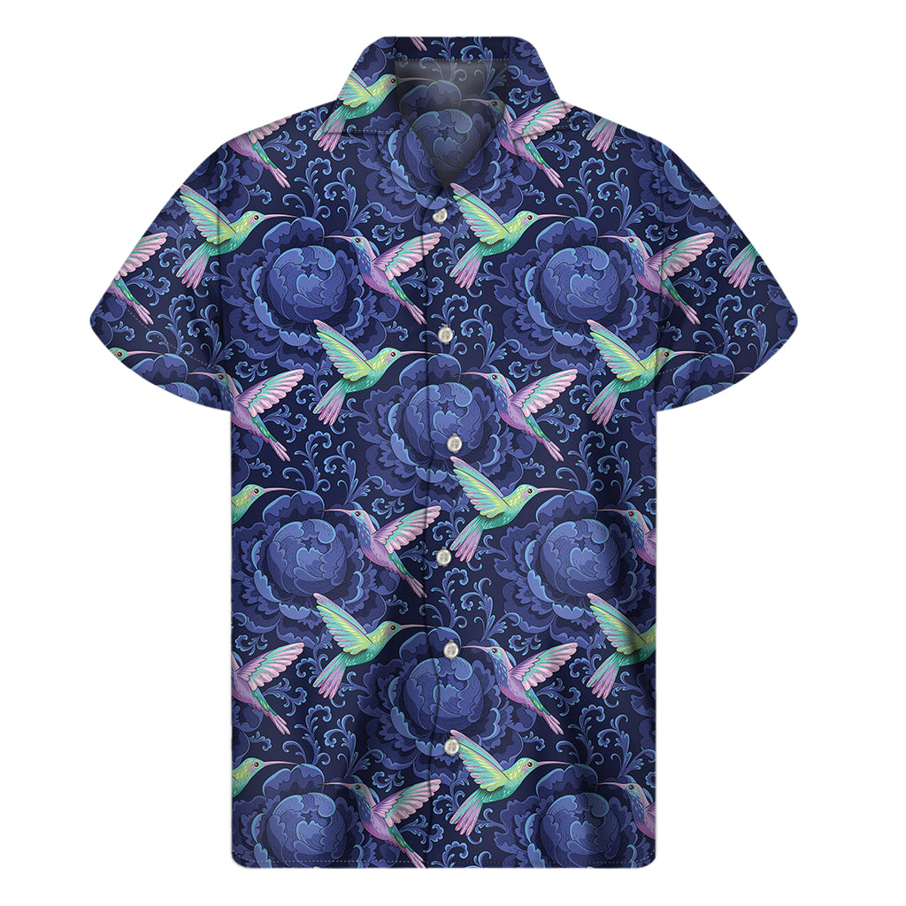 Dark Blue Floral Hummingbird Print Men's Short Sleeve Shirt