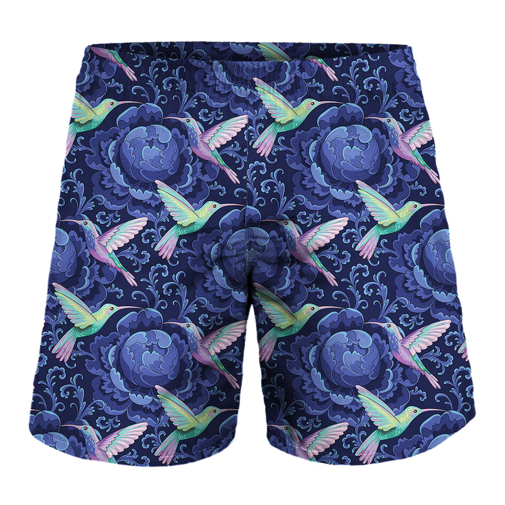 Dark Blue Floral Hummingbird Print Men's Shorts