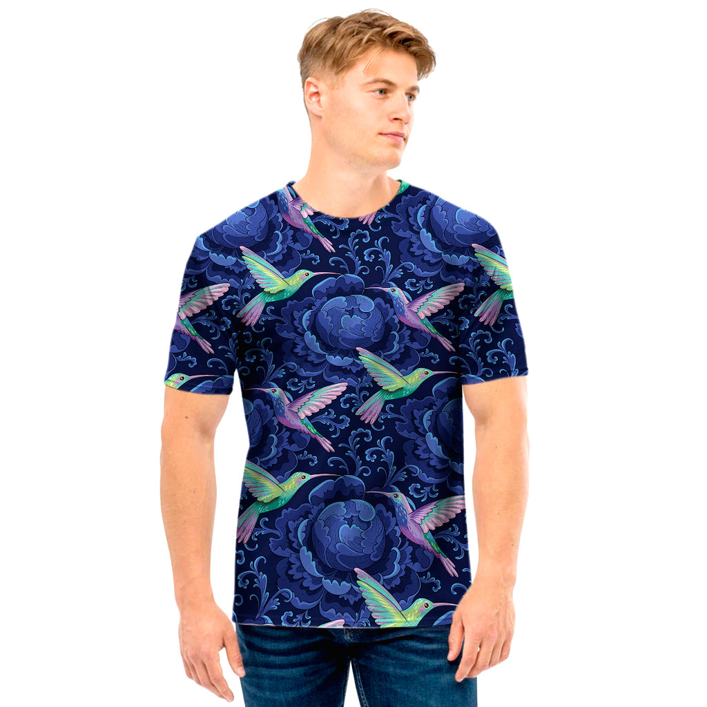 Dark Blue Floral Hummingbird Print Men's T-Shirt