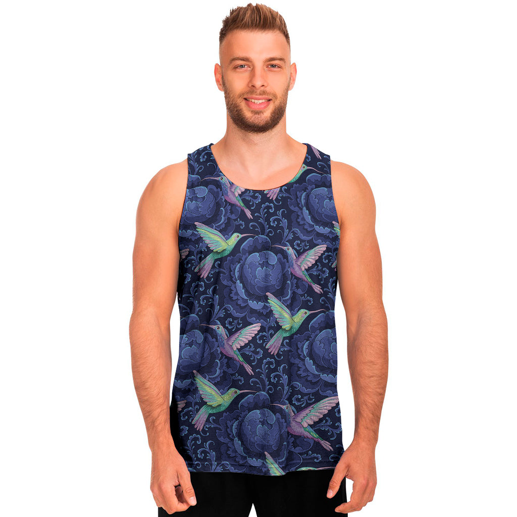 Dark Blue Floral Hummingbird Print Men's Tank Top