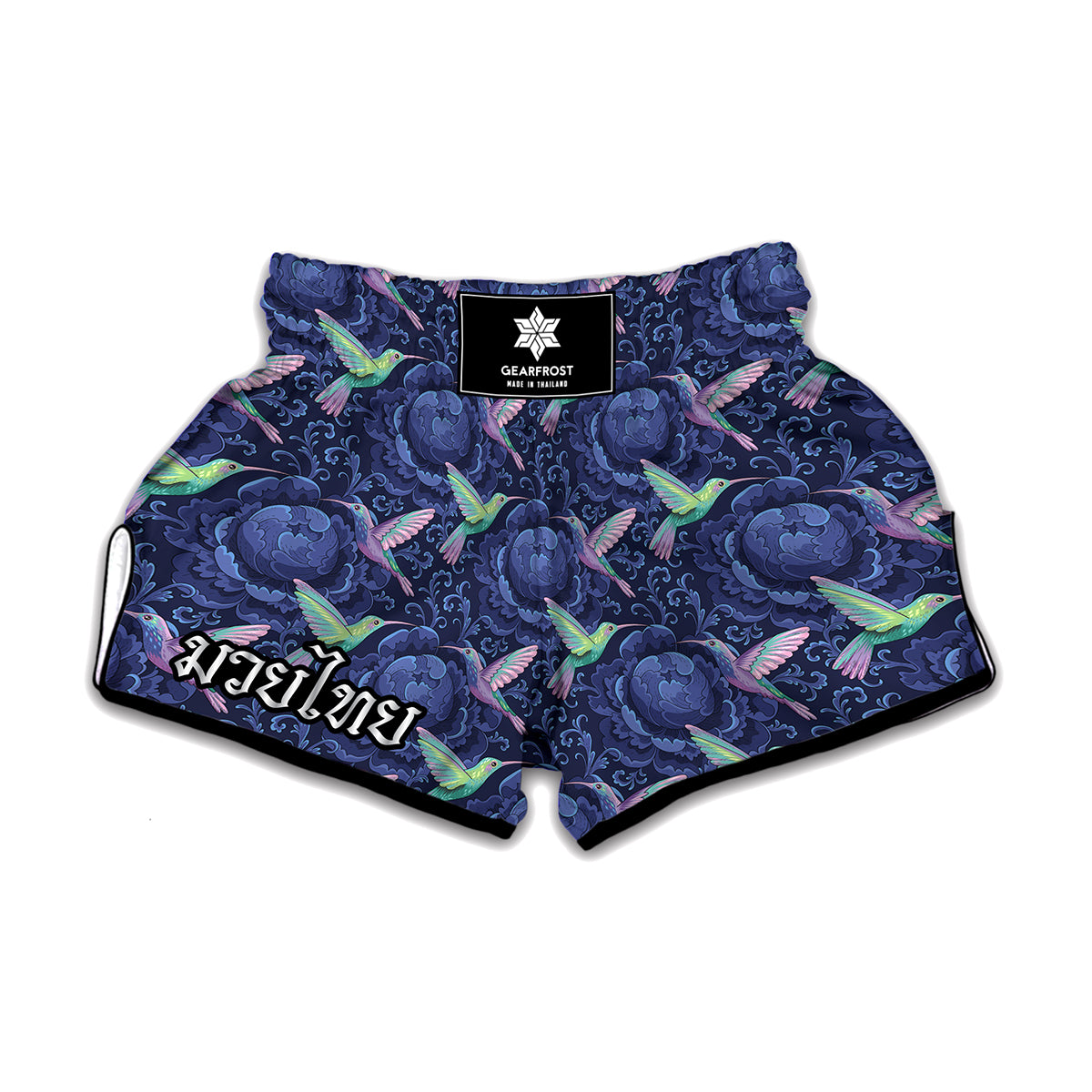 Dark Blue Floral Hummingbird Print Muay Thai Boxing Shorts