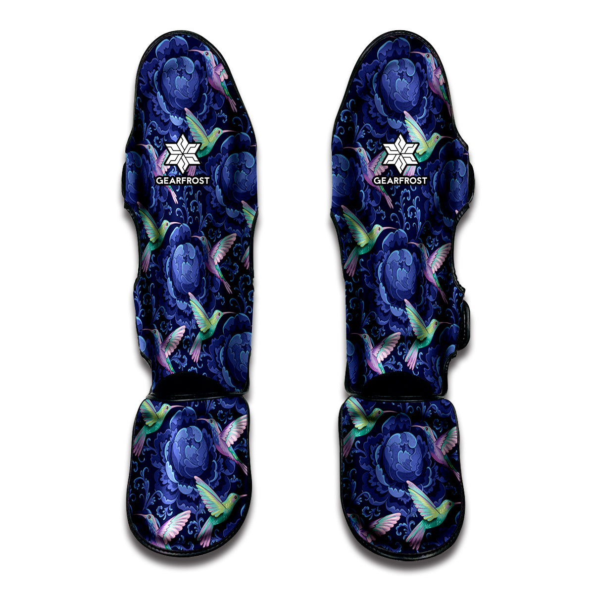 Dark Blue Floral Hummingbird Print Muay Thai Shin Guards