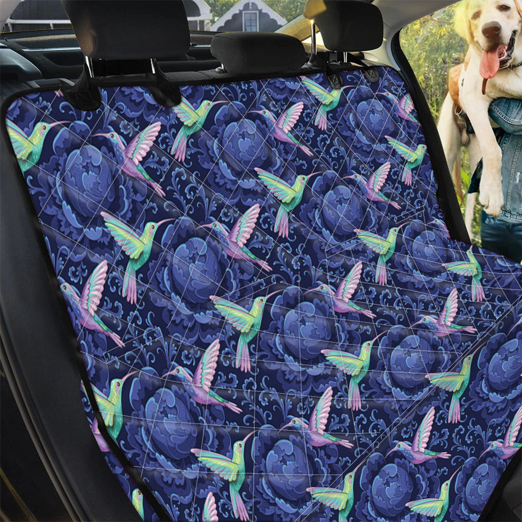 Dark Blue Floral Hummingbird Print Pet Car Back Seat Cover