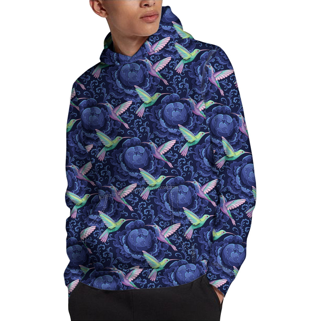 Dark Blue Floral Hummingbird Print Pullover Hoodie