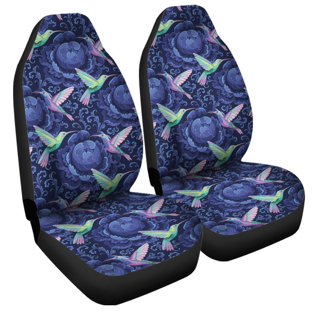 Dark Blue Floral Hummingbird Print Universal Fit Car Seat Covers