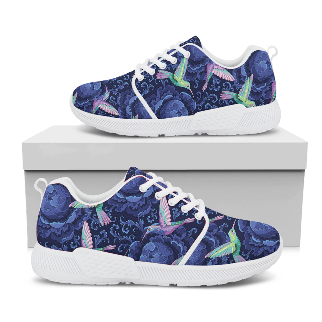 Dark Blue Floral Hummingbird Print White Athletic Shoes