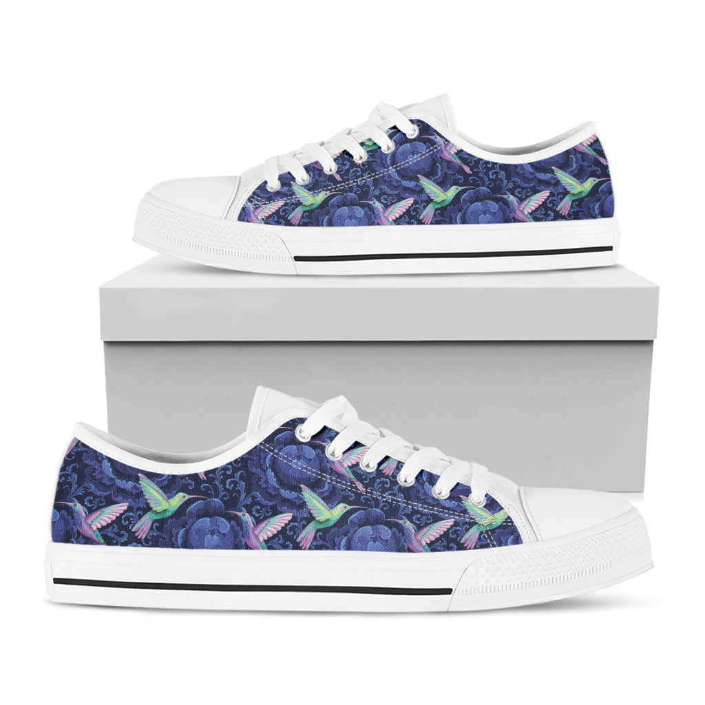 Dark Blue Floral Hummingbird Print White Low Top Shoes