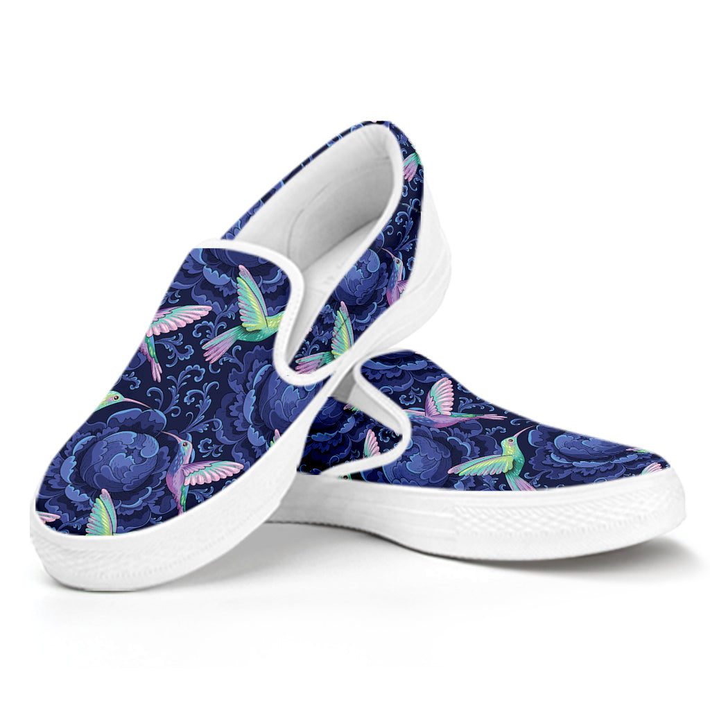 Dark Blue Floral Hummingbird Print White Slip On Shoes