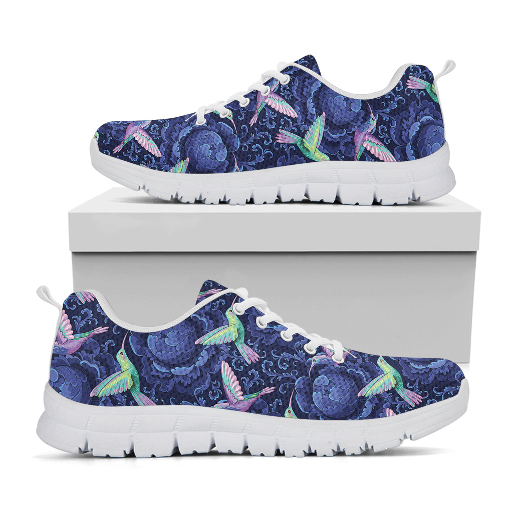 Dark Blue Floral Hummingbird Print White Sneakers