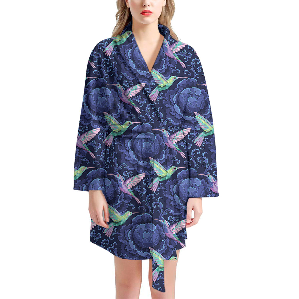 Dark Blue Floral Hummingbird Print Women's Bathrobe