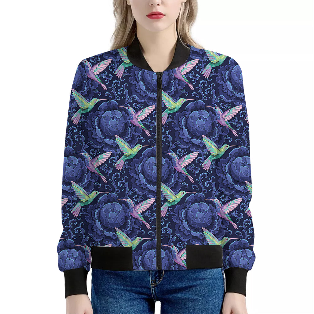 Dark Blue Floral Hummingbird Print Women's Bomber Jacket