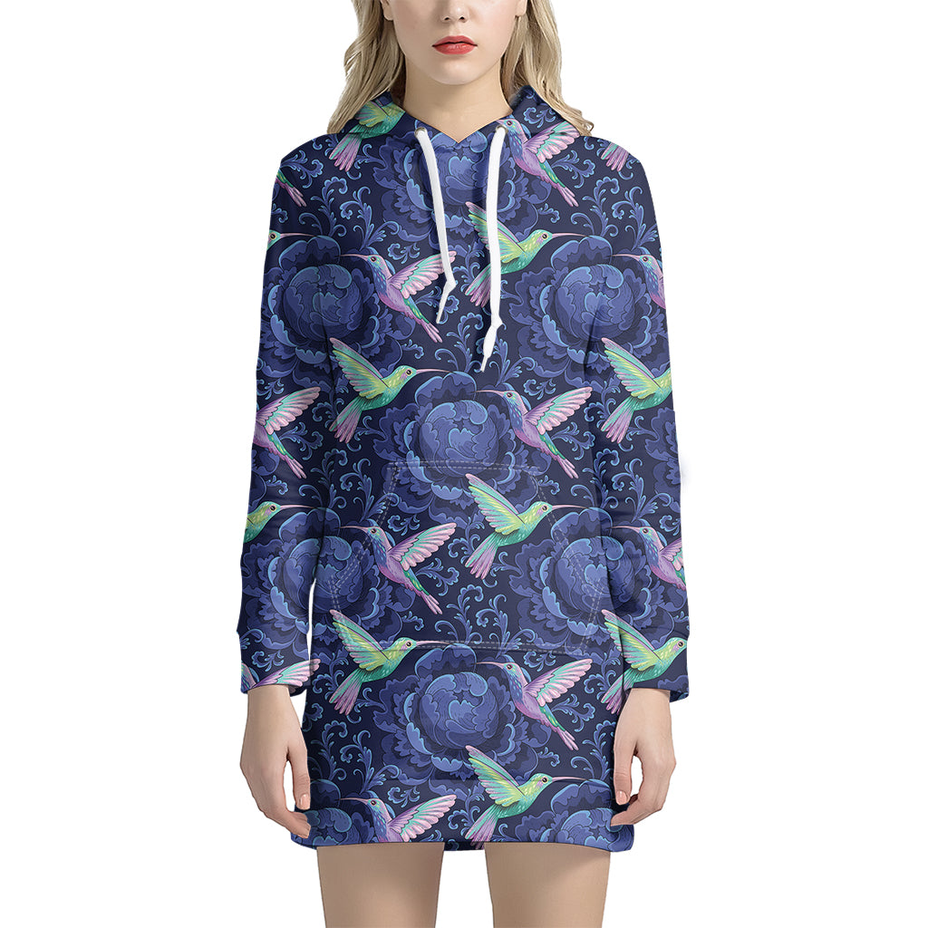 Dark Blue Floral Hummingbird Print Women's Pullover Hoodie Dress