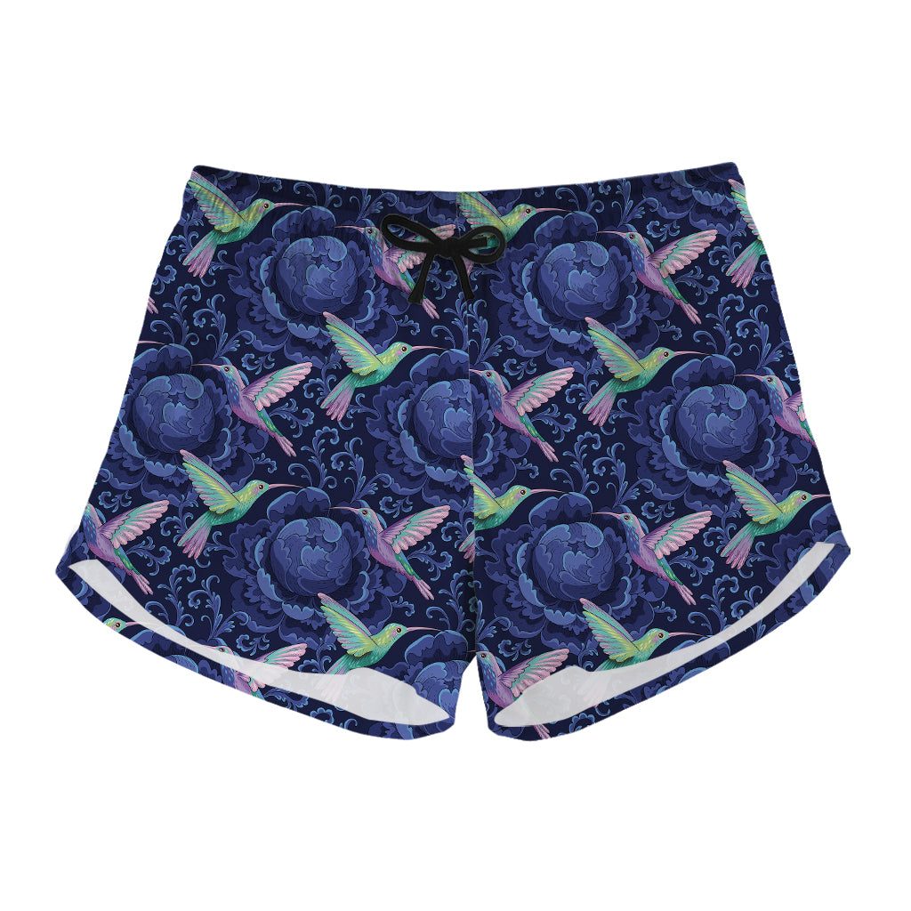 Dark Blue Floral Hummingbird Print Women's Shorts