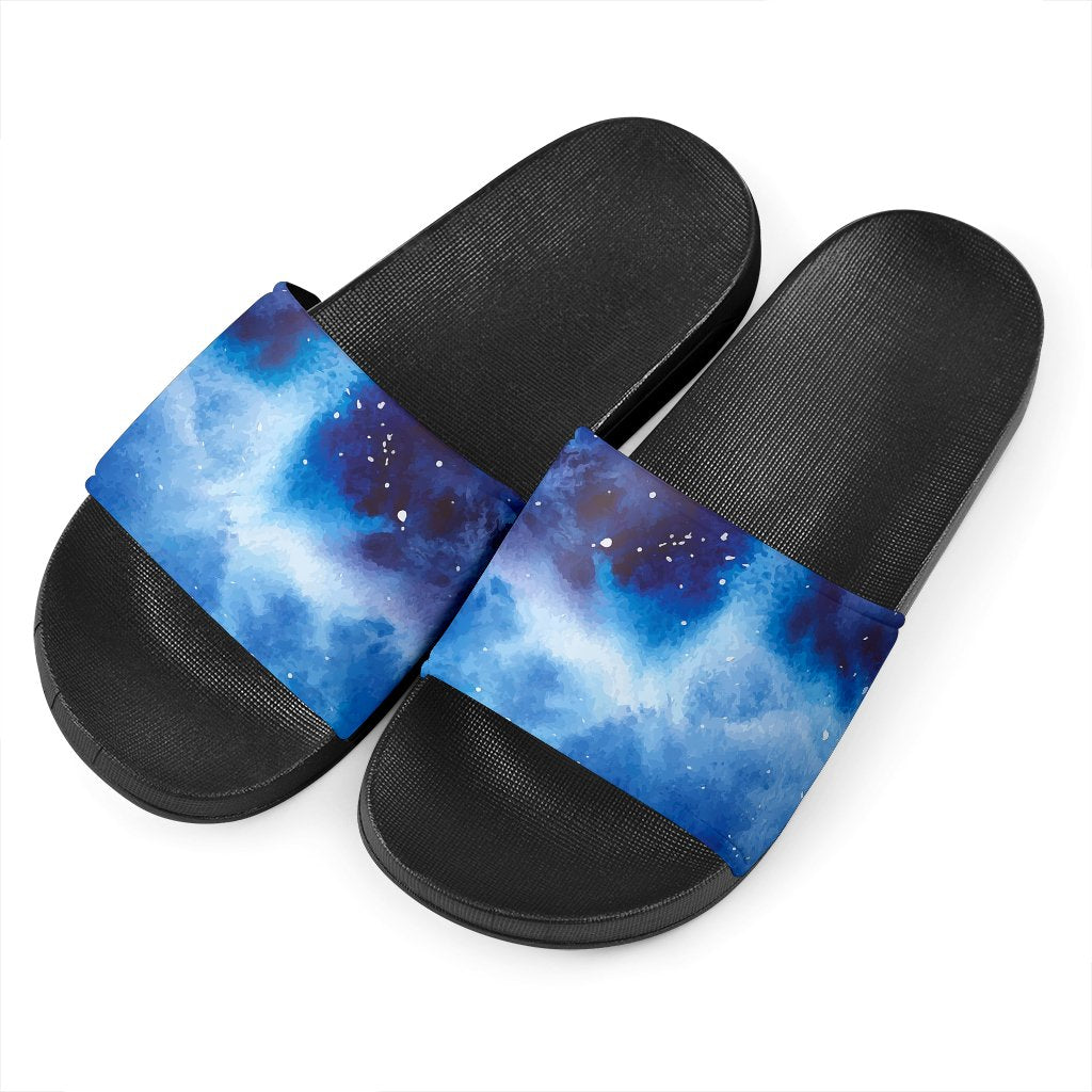 Dark Blue Galaxy Space Print Black Slide Sandals