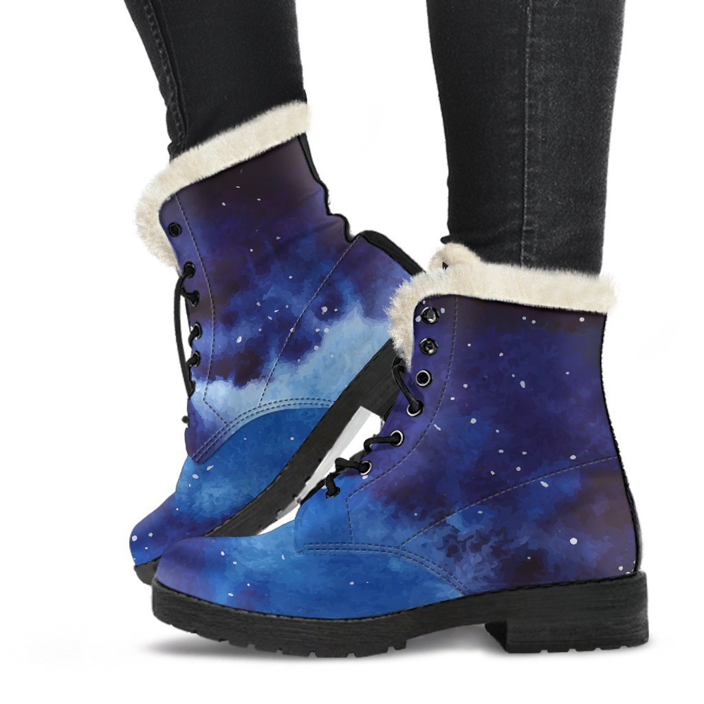 Dark Blue Galaxy Space Print Faux Fur Leather Boots