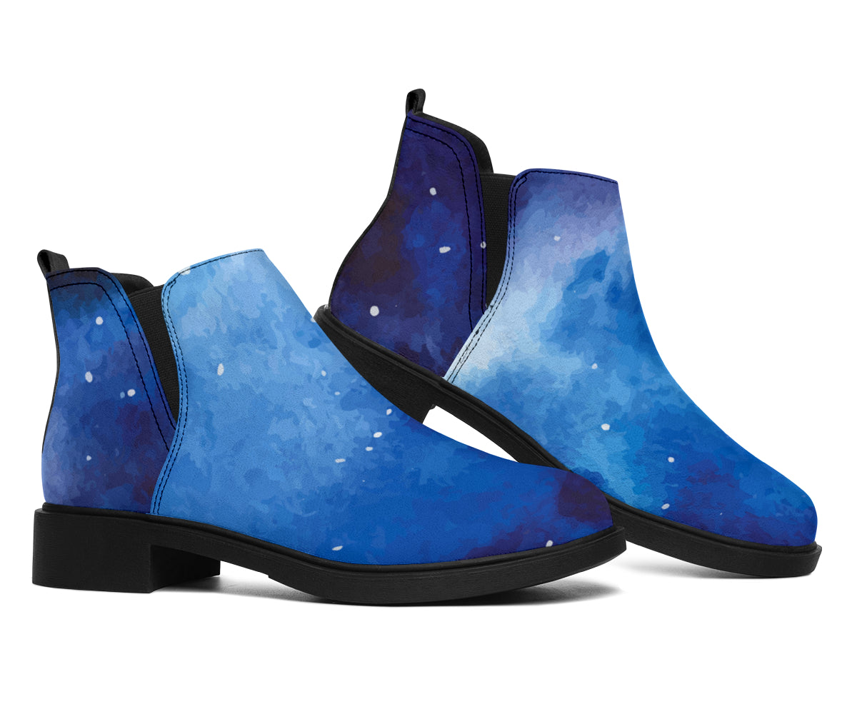 Dark Blue Galaxy Space Print Flat Ankle Boots