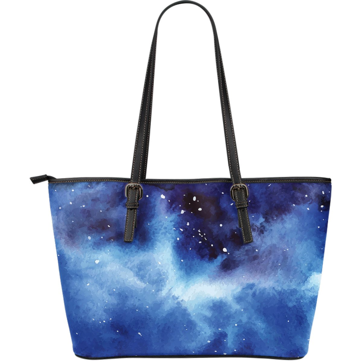 Dark Blue Galaxy Space Print Leather Tote Bag