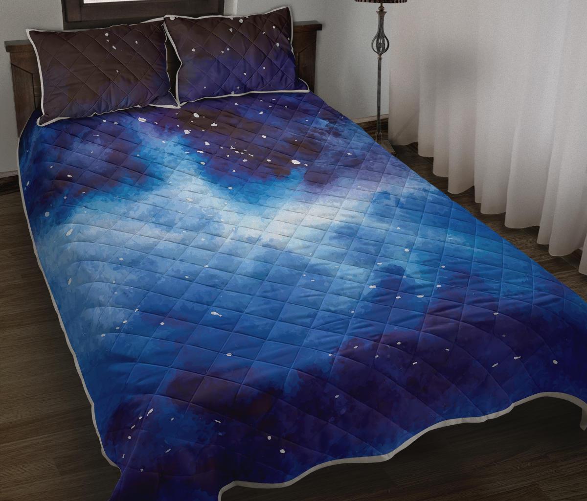 Dark Blue Galaxy Space Print Quilt Bed Set