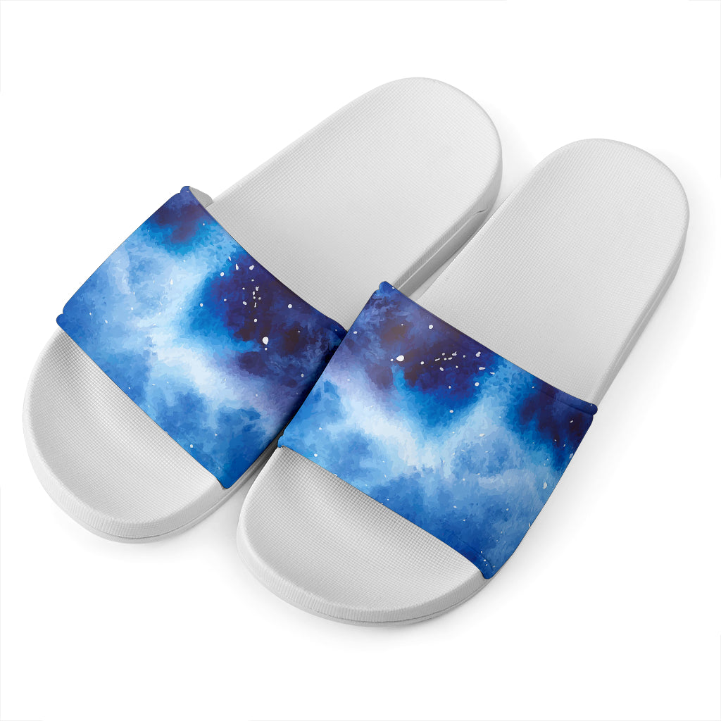 Dark Blue Galaxy Space Print White Slide Sandals