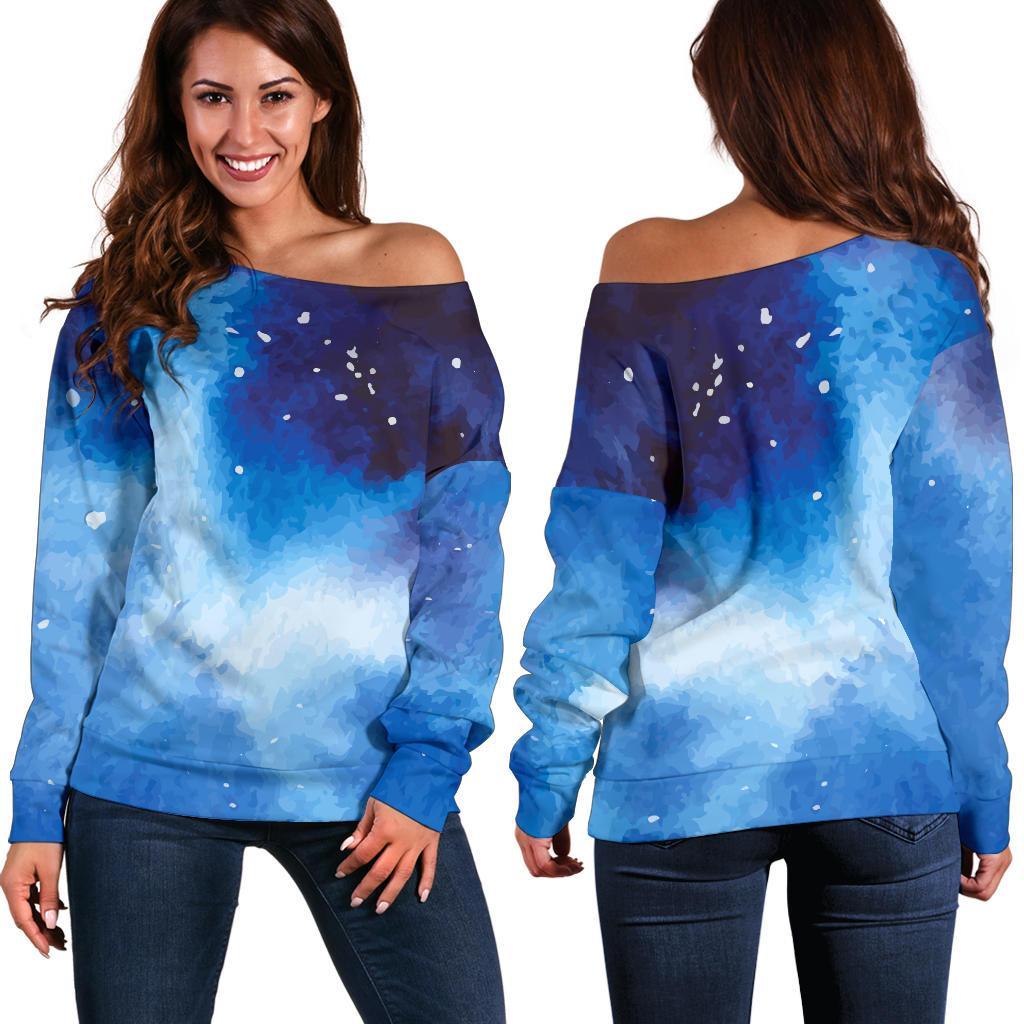 Dark Blue Galaxy Space Print Women's Off-Shoulder Sweatshirt