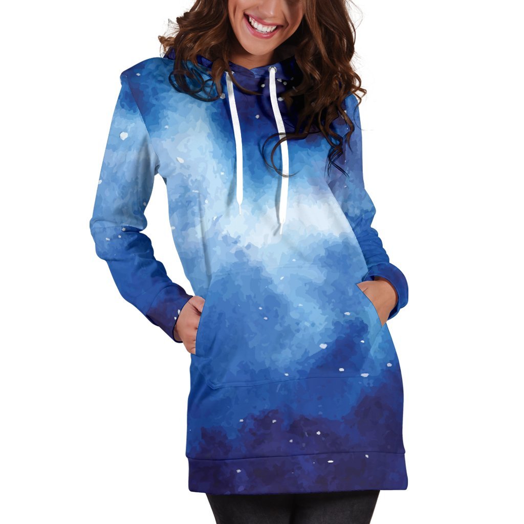 Dark Blue Galaxy Space Print Women's Pullover Hoodie Dress