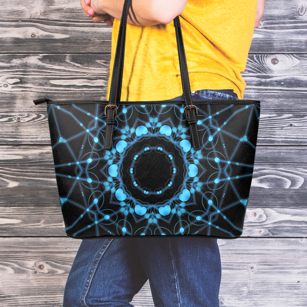 Dark Blue Kaleidoscope Print Leather Tote Bag