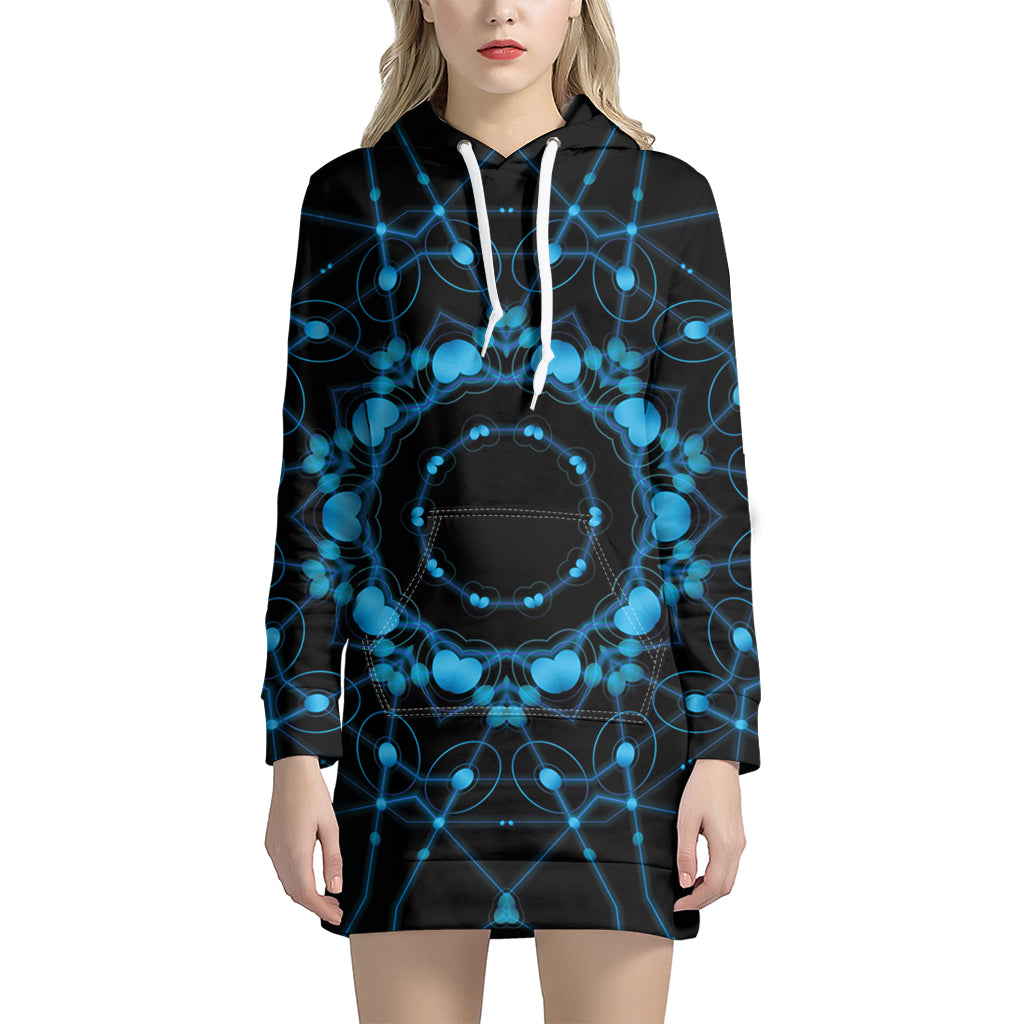 Dark Blue Kaleidoscope Print Women's Pullover Hoodie Dress