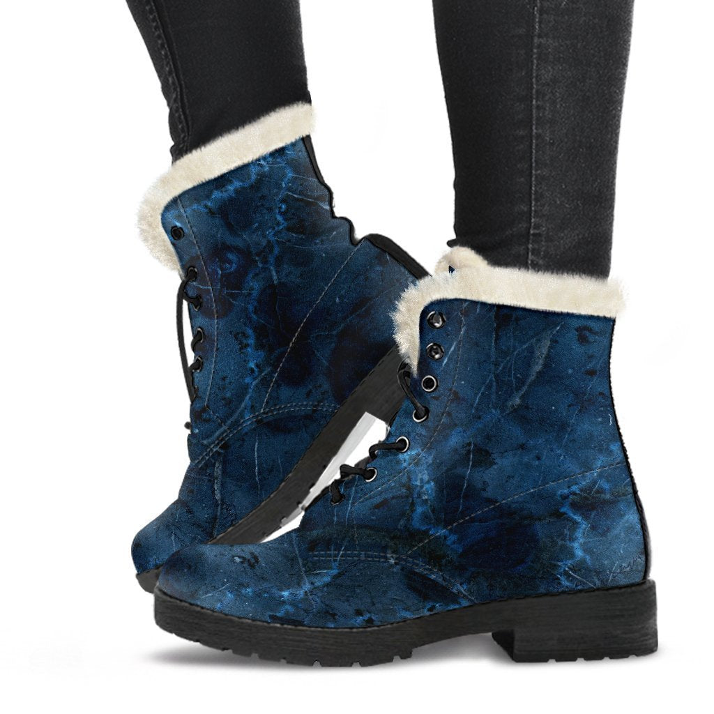 Dark Blue Marble Print Faux Fur Leather Boots