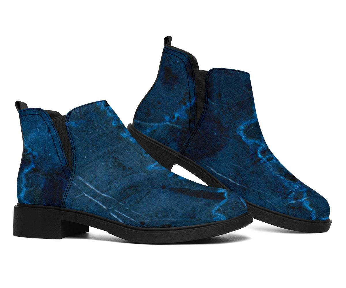 Dark Blue Marble Print Flat Ankle Boots