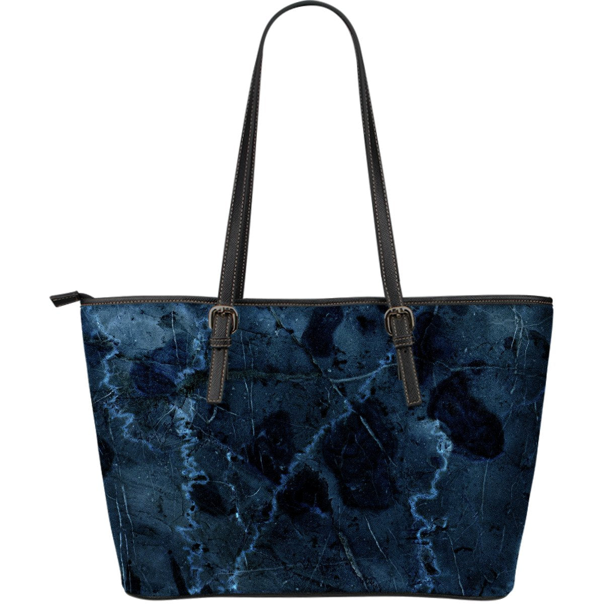 Dark Blue Marble Print Leather Tote Bag