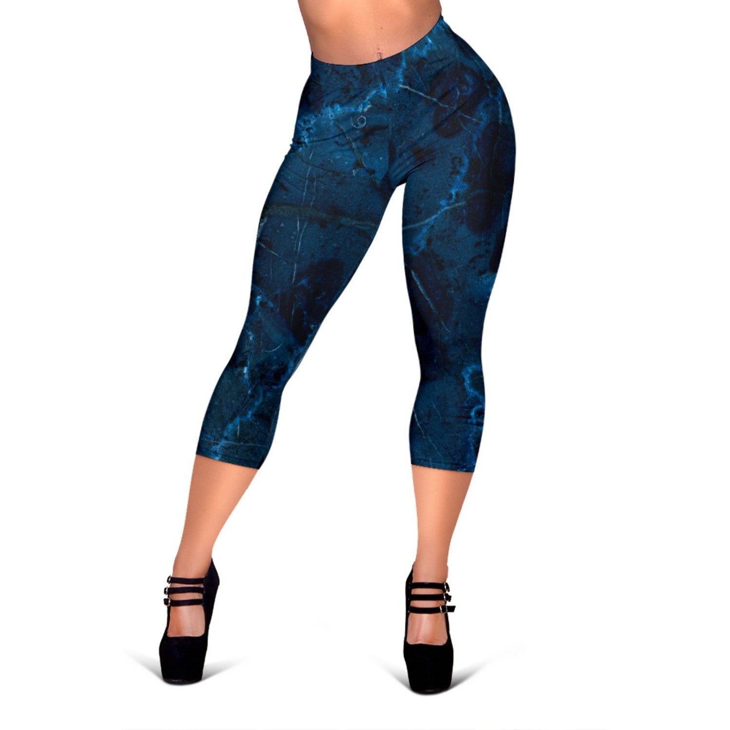 Dark Blue Marble Print Women's Capri Leggings