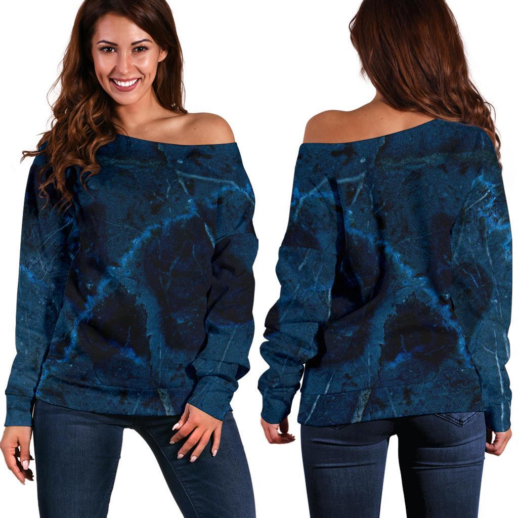 Dark Blue Marble Print Women's Off-Shoulder Sweatshirt