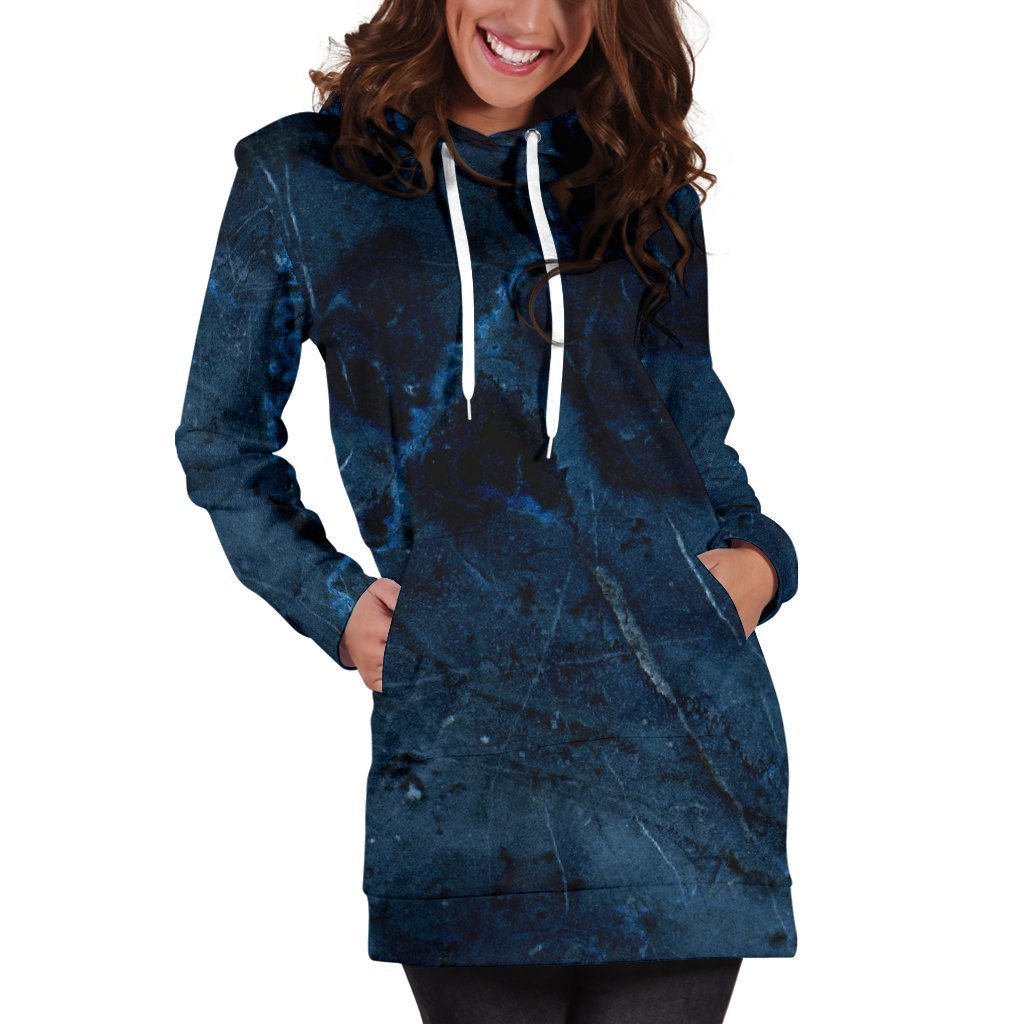 Dark Blue Marble Print Women's Pullover Hoodie Dress