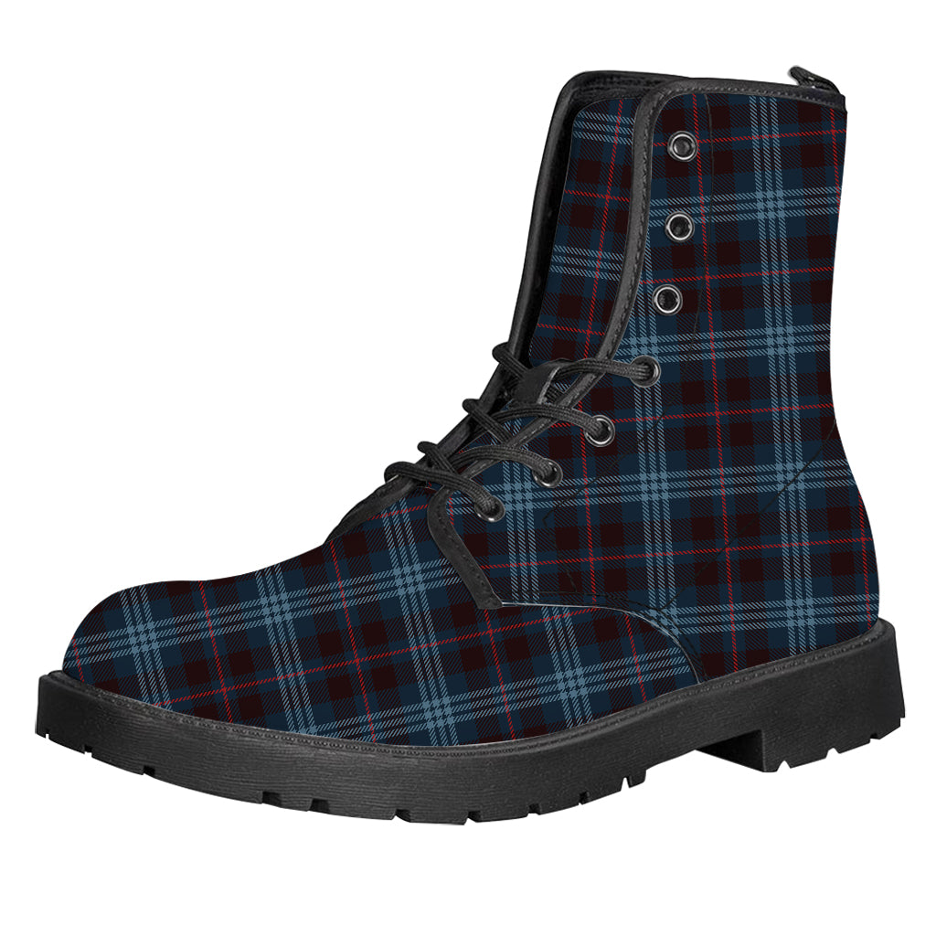 Dark Blue Tartan Pattern Print Leather Boots