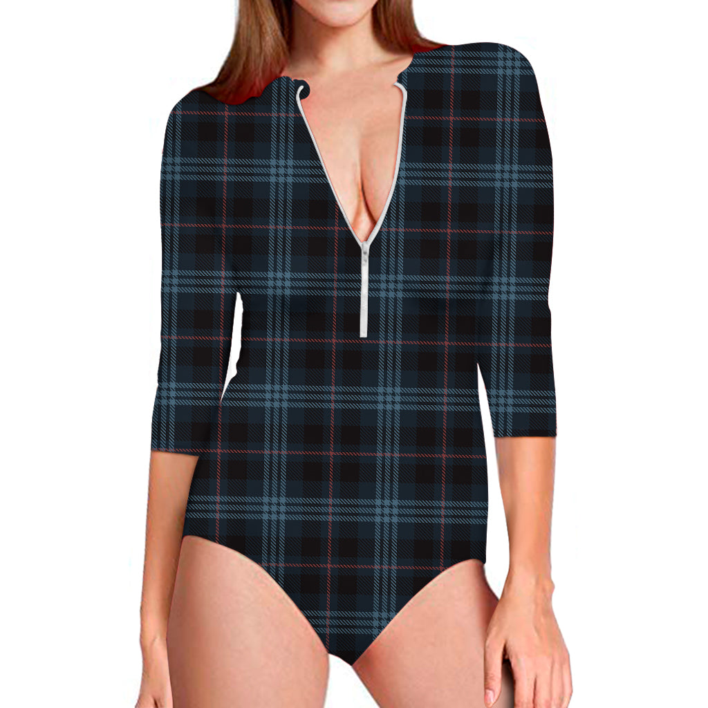 Dark Blue Tartan Pattern Print Long Sleeve One Piece Swimsuit