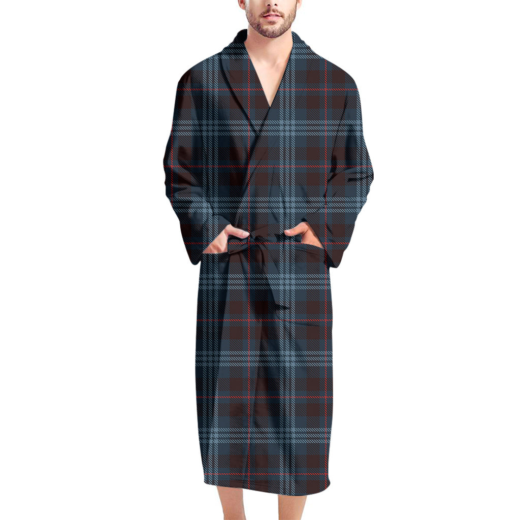 Dark Blue Tartan Pattern Print Men's Bathrobe