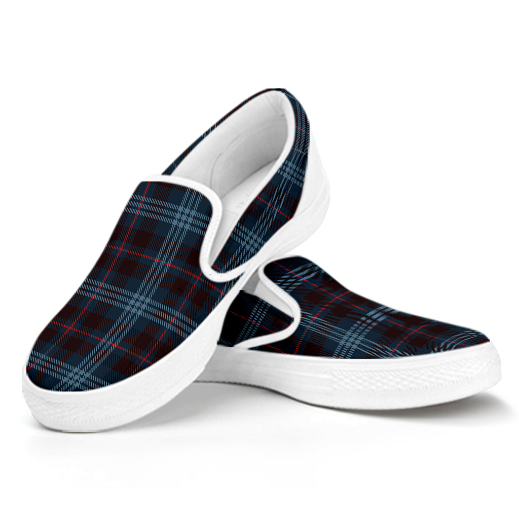 Dark Blue Tartan Pattern Print White Slip On Shoes