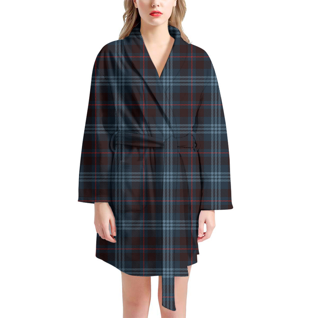 Dark Blue Tartan Pattern Print Women's Bathrobe